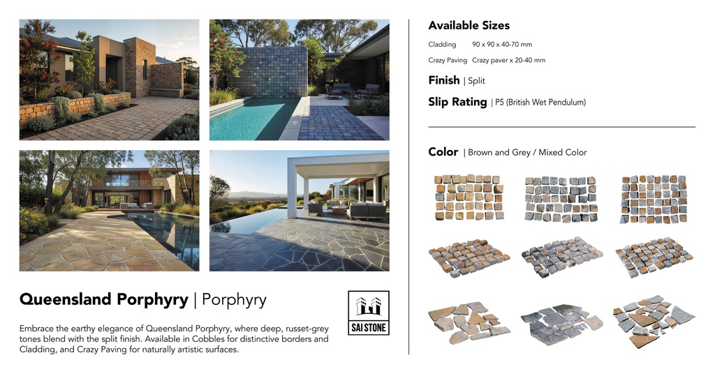 Queensland Porphyry Brown,  cobble stone , 90x90x40-70mm