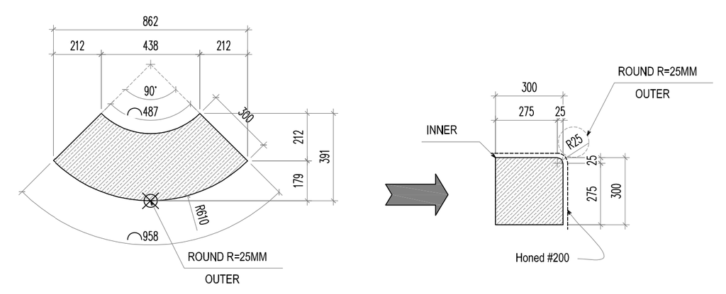 MCC BlueOcean Corner Kerb (curved) R610 EXTERNAL 958x300x300, 1pcs/set