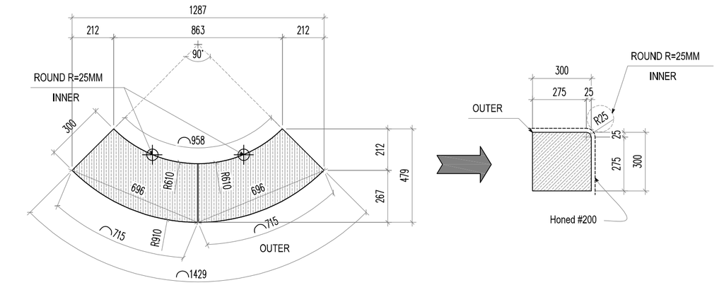 MCC BlueOcean Corner Kerb (curved) R610 INTERNAL 1430 (715x2) x300x300, 2pcs/set