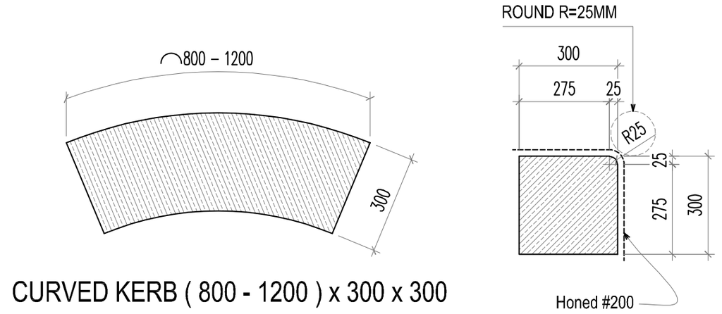 MCC Curved Kerb 800-1200x300x300  with 25mm bullnose edge