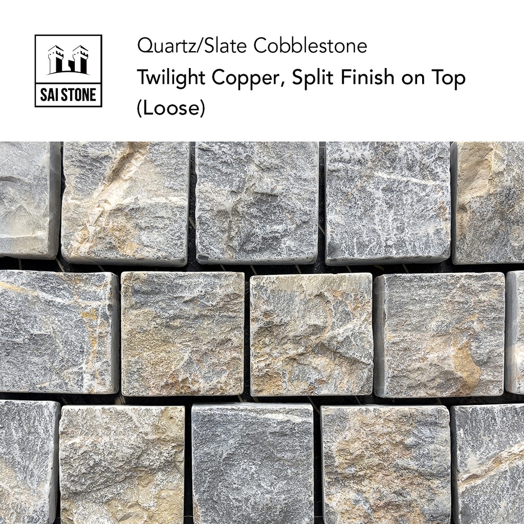 Twilight Copper Cobble  limestone, SPLIT TOP SURFACE SAWN OTHER SIDES TUMBLED100X100X27-32MM