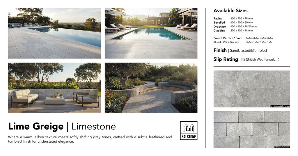 Lime Greige Limestone  Paver 600x400x18 Sandblasted+Tumbled